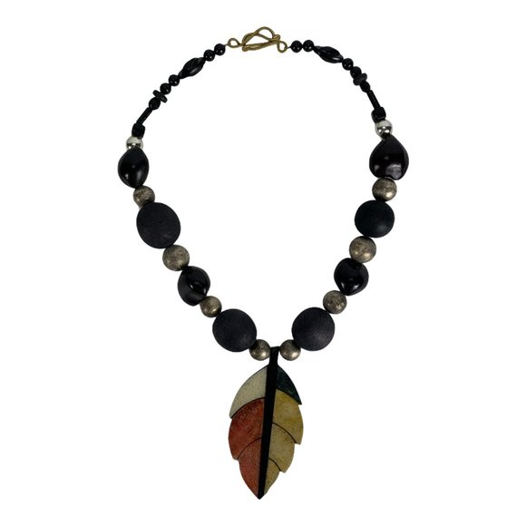 Wooden Leaf Necklace Stone Beads Jewelry - Picture 2 of 2